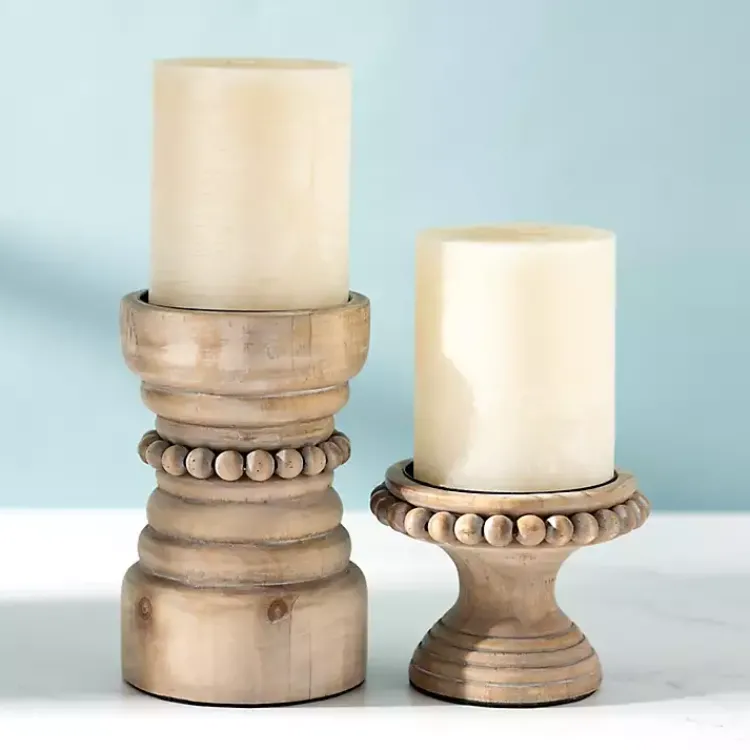 Candle Holders>Kirklands Home Natural Wood Beaded Pillar Candle Holder, 8 in. Brown