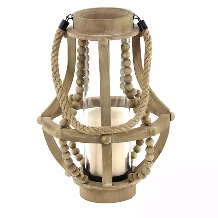 Lanterns>Kirklands Home Natural Wood Beaded Teardrop Lantern Tan