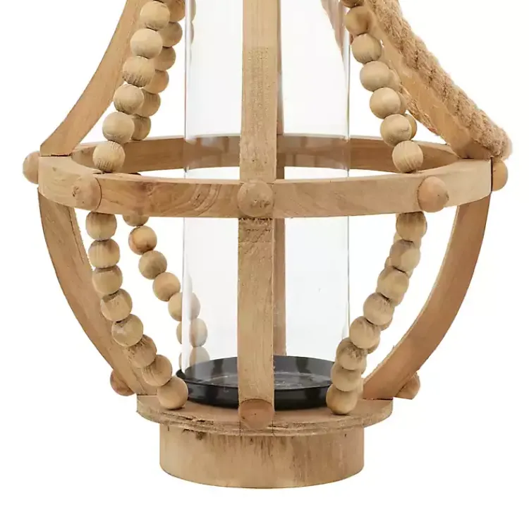 Lanterns>Kirklands Home Natural Wood Beaded Teardrop Lantern Tan