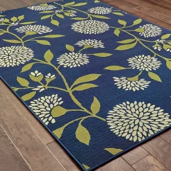 Kirklands Home Navy and Green Floral Vine Outdoor Area Rug, 3x5 Clearance