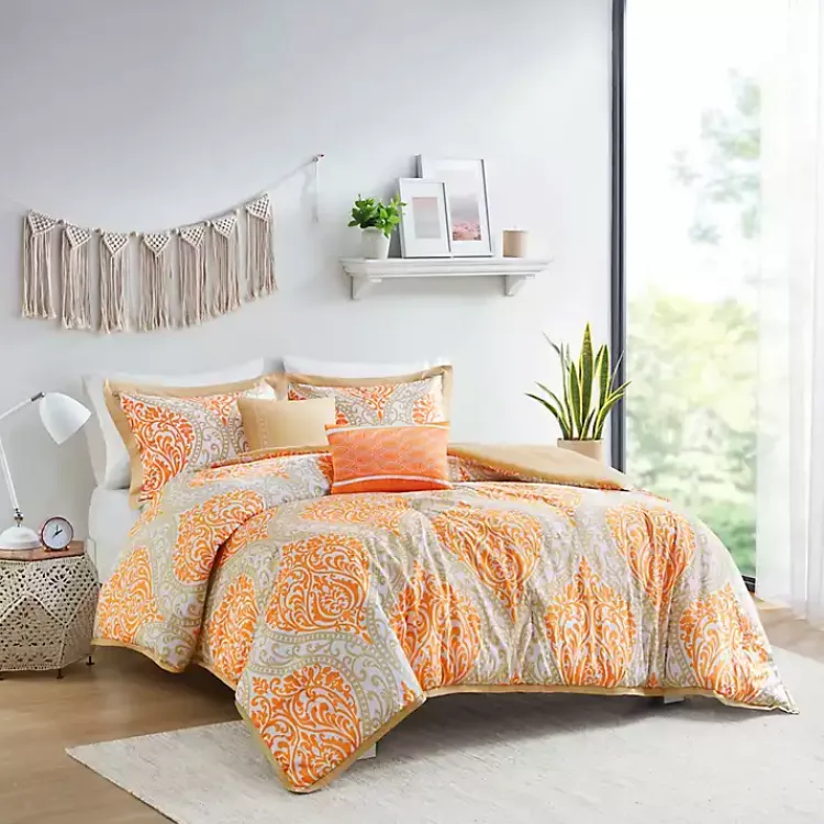 Kirklands Home Orange Damask 5-pc. California King Comforter Set New