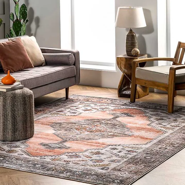 Kirklands Home Orange Distressed Medallion Washable Area Rug, 3x5 Online
