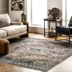 Kirklands Home Orange Global Pattern Washable Area Rug, 5x8 Clearance