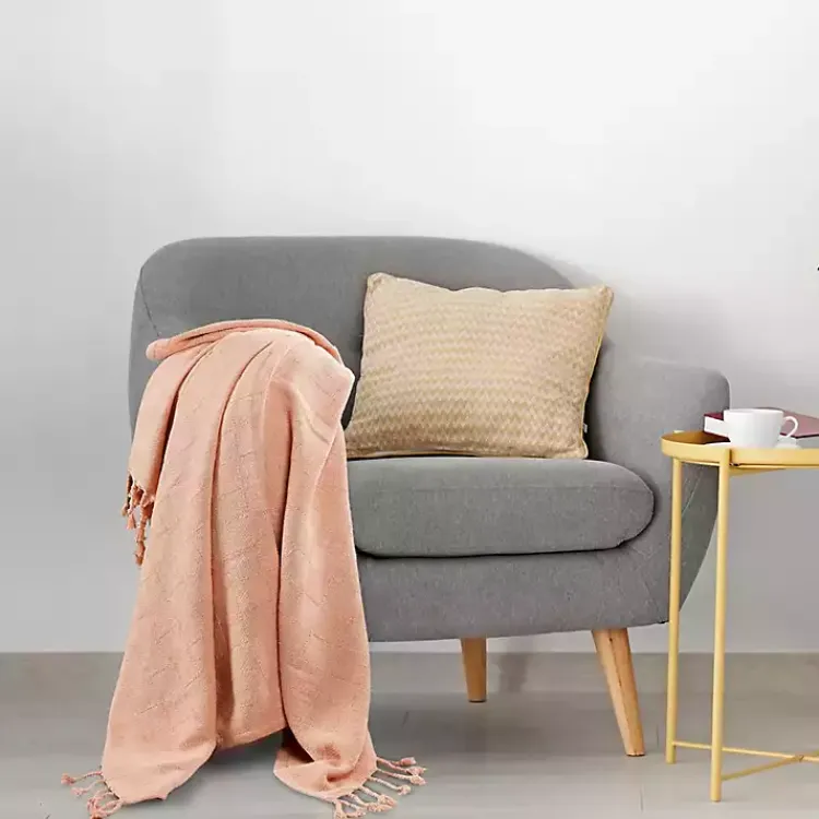 Blankets & Throws>Kirklands Home Peach Checkered Weave Fringe Throw Pink