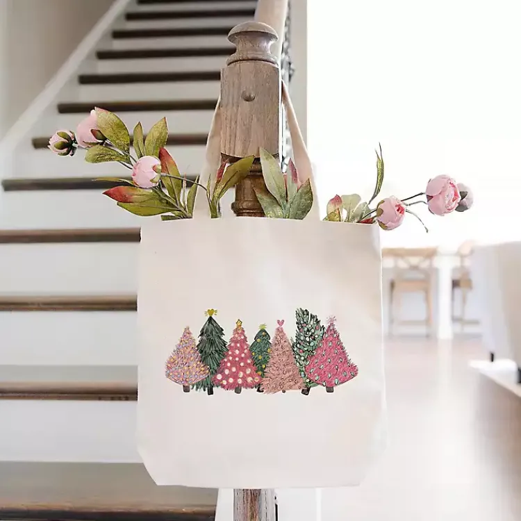 Christmas Decorations>Kirklands Home Pink Christmas Trees Canvas Tote Bag