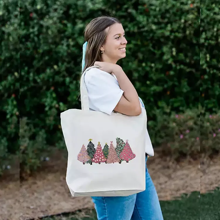 Christmas Decorations>Kirklands Home Pink Christmas Trees Canvas Tote Bag