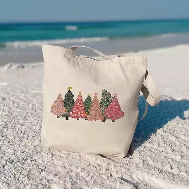 Christmas Decorations>Kirklands Home Pink Christmas Trees Canvas Tote Bag