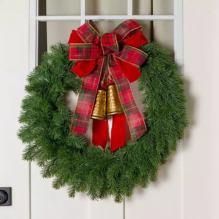 Wreaths>Kirklands Home Plaid Bow and Gold Bells Juniper Wreath