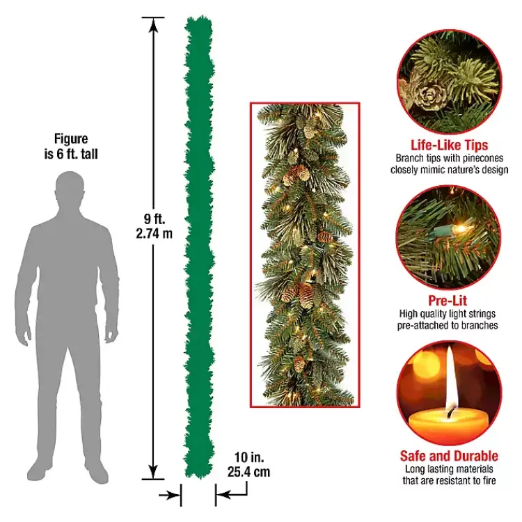 Christmas Arrangements & Garland>Kirklands Home Pre-Lit Carolina Pine Christmas Garland, 9 ft.