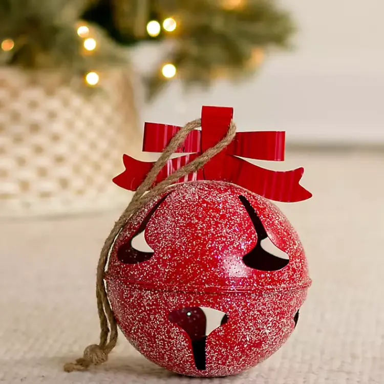 Christmas Decorations>Kirklands Home Glitter Metal Bell Ornament, 12 in. Red