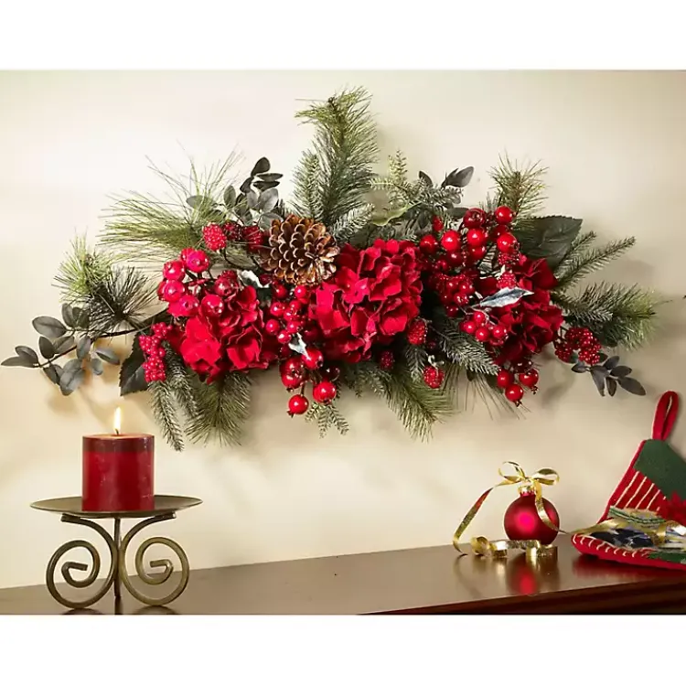 Christmas Wreaths>Kirklands Home Red Hydrangea and Pine Christmas Swag