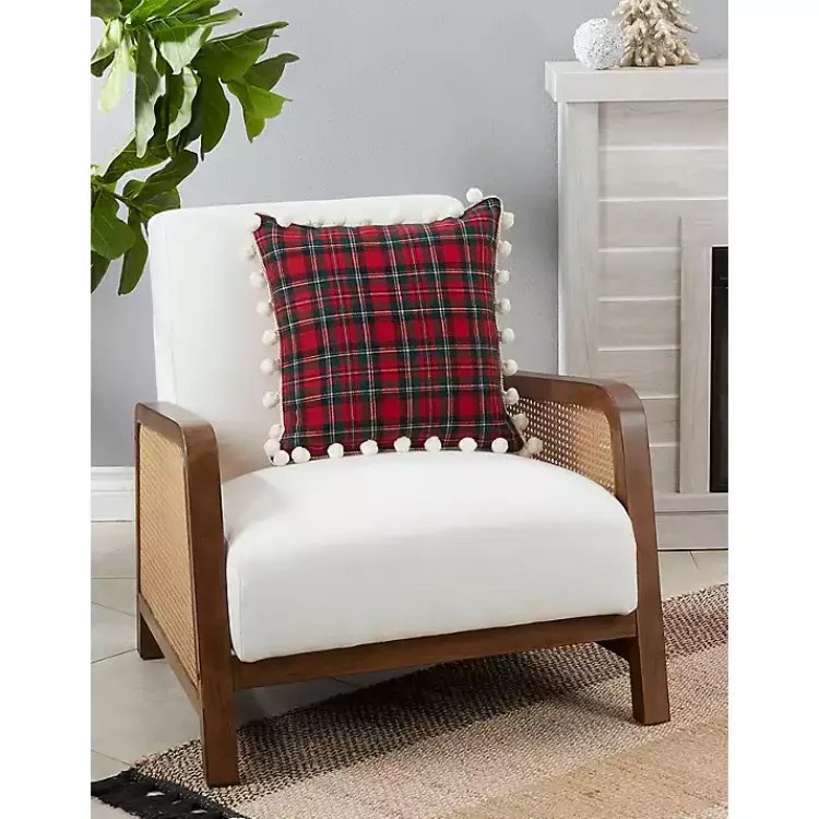 Pillows>Kirklands Home Red Plaid and Pom Pom Pillow