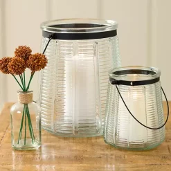Lanterns>Kirklands Home Ribbed Glass Lantern with Metal Handle, 6 in. Clear