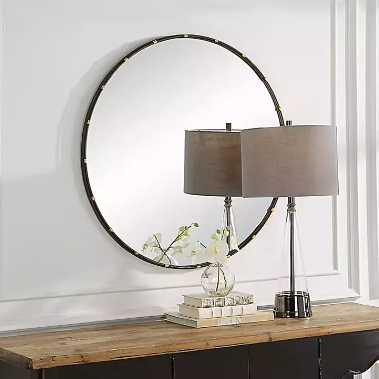 Kirklands Home Round Dark Bronze and Gold Wall Mirror Clearance