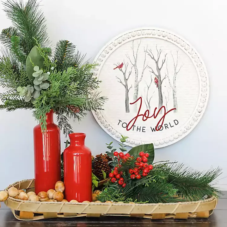 Christmas Art & Wall Decor>Kirklands Home Round Joy to the World Cardinals Wall Plaque White