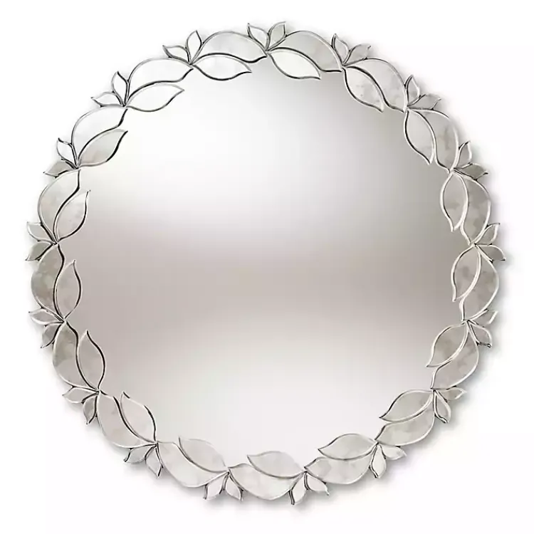 Kirklands Home Silver Petal Leaf Round Wood Frame Wall Mirror Best