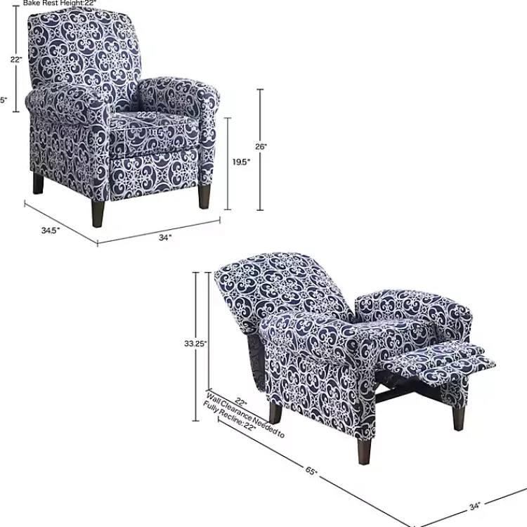 Kirklands Home Sky Fretwork Upholstered High Back Recliner Blue