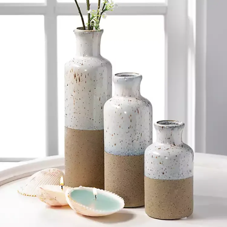 Vases>Kirklands Home Tall Terracotta Two-Toned Speckled Vases, Set of 3