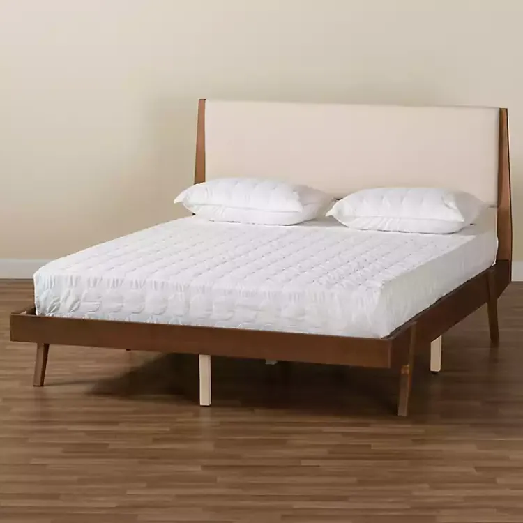 Kirklands Home Tan Upholstered Brown Wood Queen Platform Bed Hot