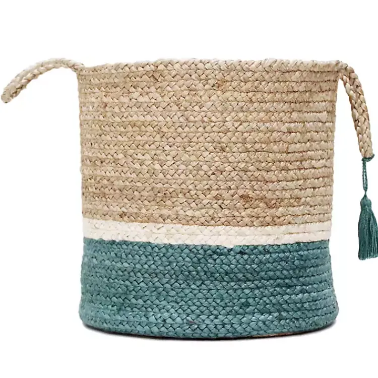 Baskets & Boxes>Kirklands Home Teal Off White Woven Basket with Tassel, 17 in.