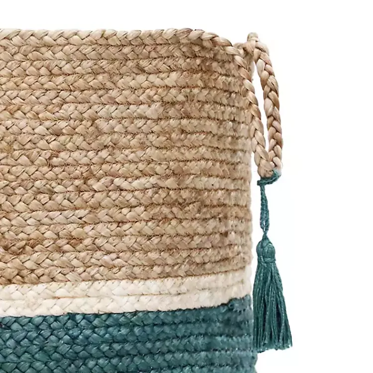 Baskets & Boxes>Kirklands Home Teal Off White Woven Basket with Tassel, 17 in.