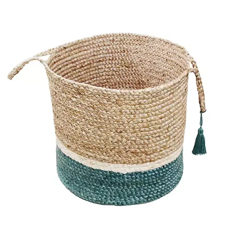 Baskets & Boxes>Kirklands Home Teal Off White Woven Basket with Tassel, 17 in.