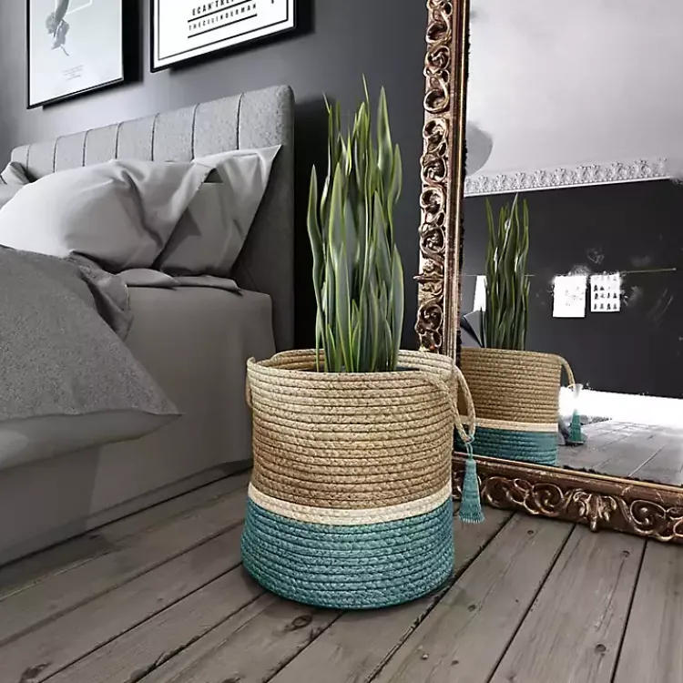 Baskets & Boxes>Kirklands Home Teal Off White Woven Basket with Tassel, 17 in.