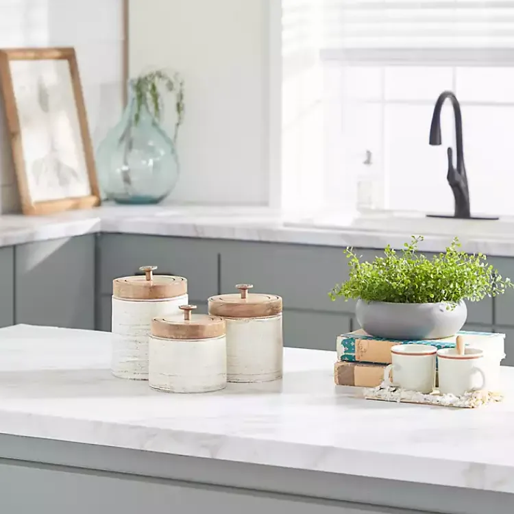 Decorative Bowls & Jars>Kirklands Home Weathered Ivory Jars with Wooden Lids, Set of 3