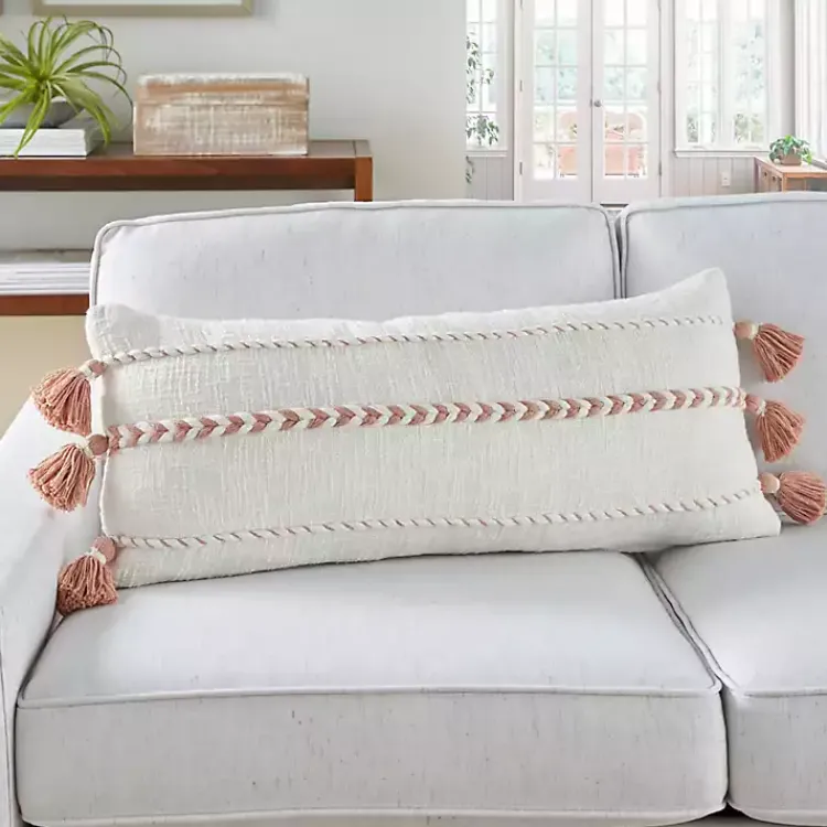 Pillows>Kirklands Home White and Blush Braided Stripe Lumbar Pillow
