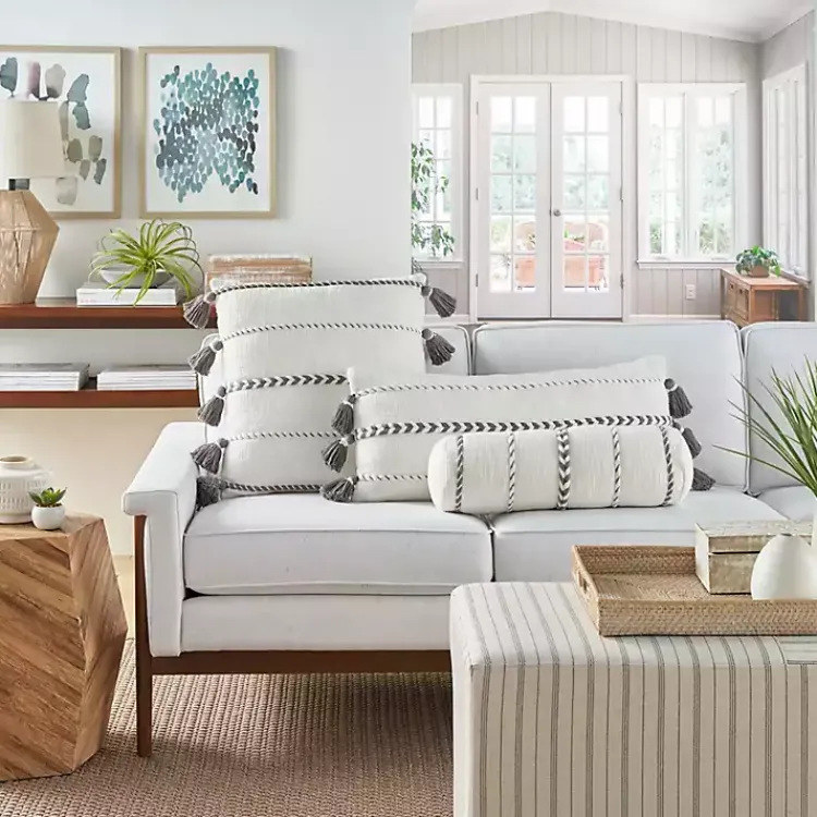 Pillows>Kirklands Home White and Gray Braided Stripe Lumbar Pillow