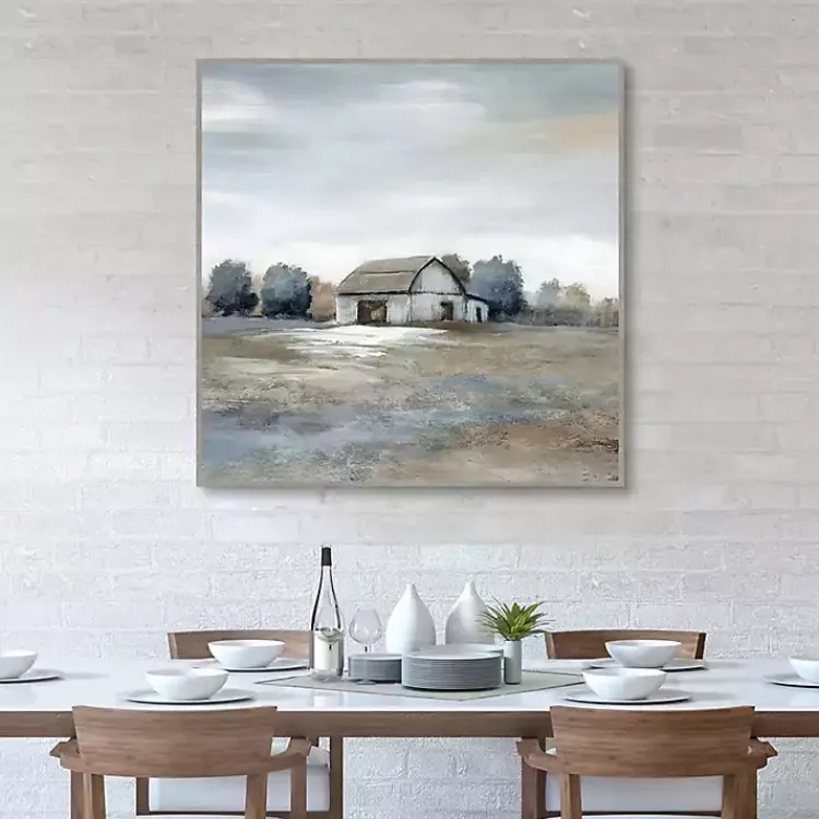 Kirklands Home White Barn in Pasture Framed Canvas Art Print Gray New