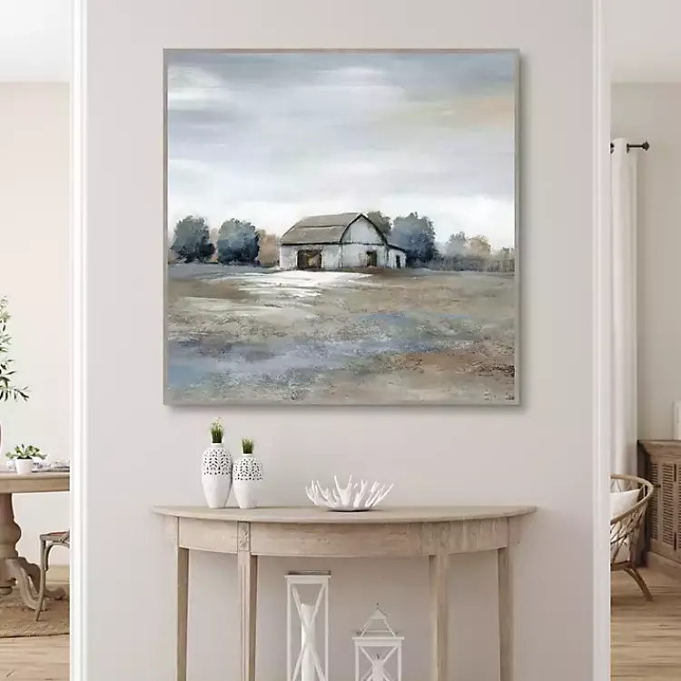 Kirklands Home White Barn in Pasture Framed Canvas Art Print Gray New