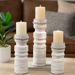 Candle Holders>Kirklands Home Beaded Wood Pillar Candle Holder, 11 in. White
