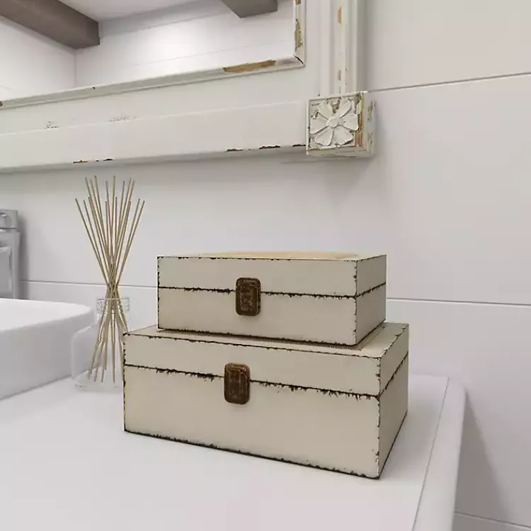 Baskets & Boxes>Kirklands Home Distressed Burlap Wooden Boxes, Set of 2 White