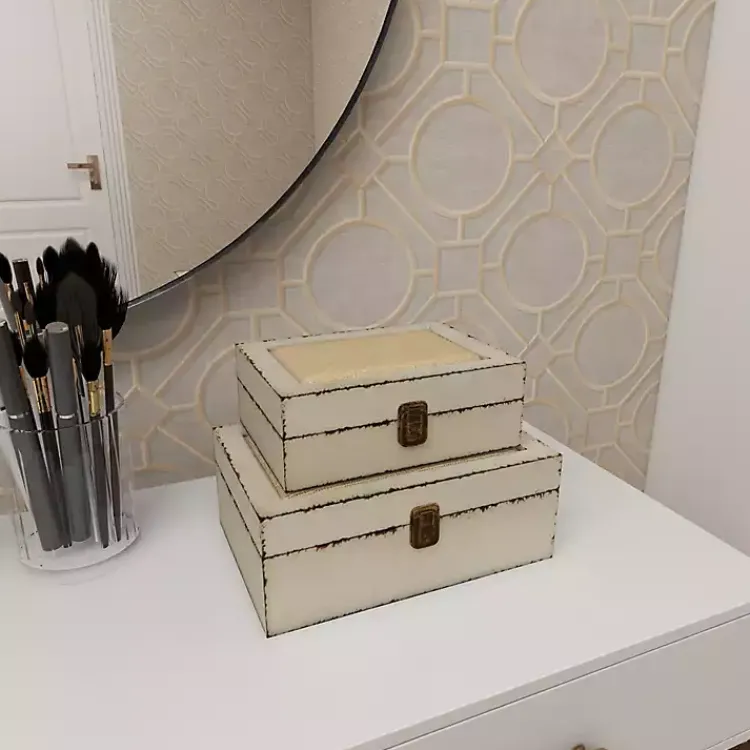 Baskets & Boxes>Kirklands Home Distressed Burlap Wooden Boxes, Set of 2 White
