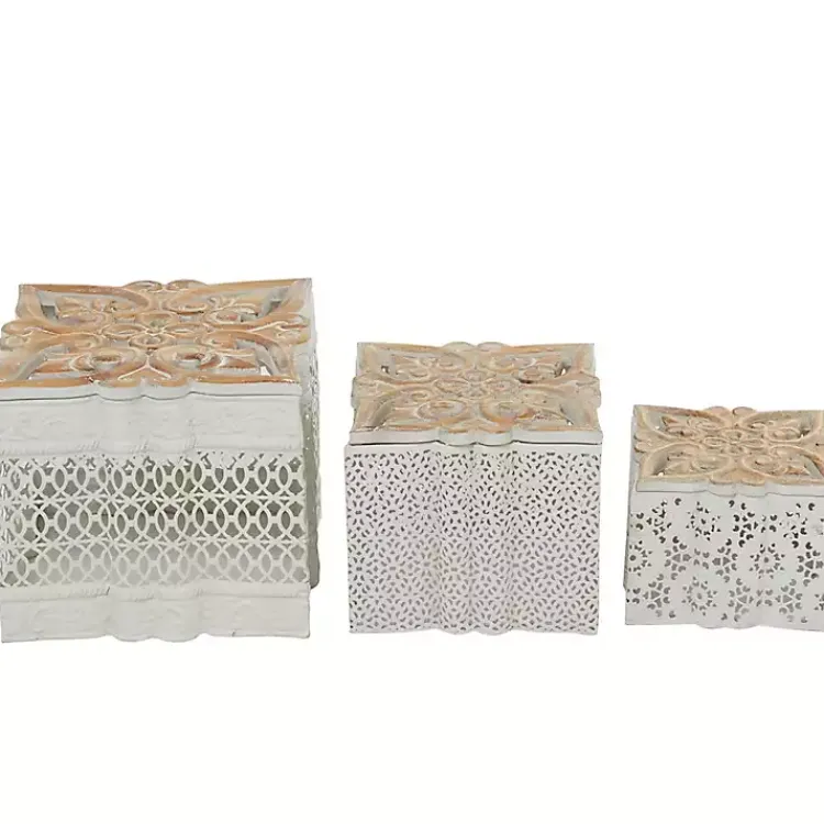Baskets & Boxes>Kirklands Home White Metal and Carved Wood Boxes, Set of 3