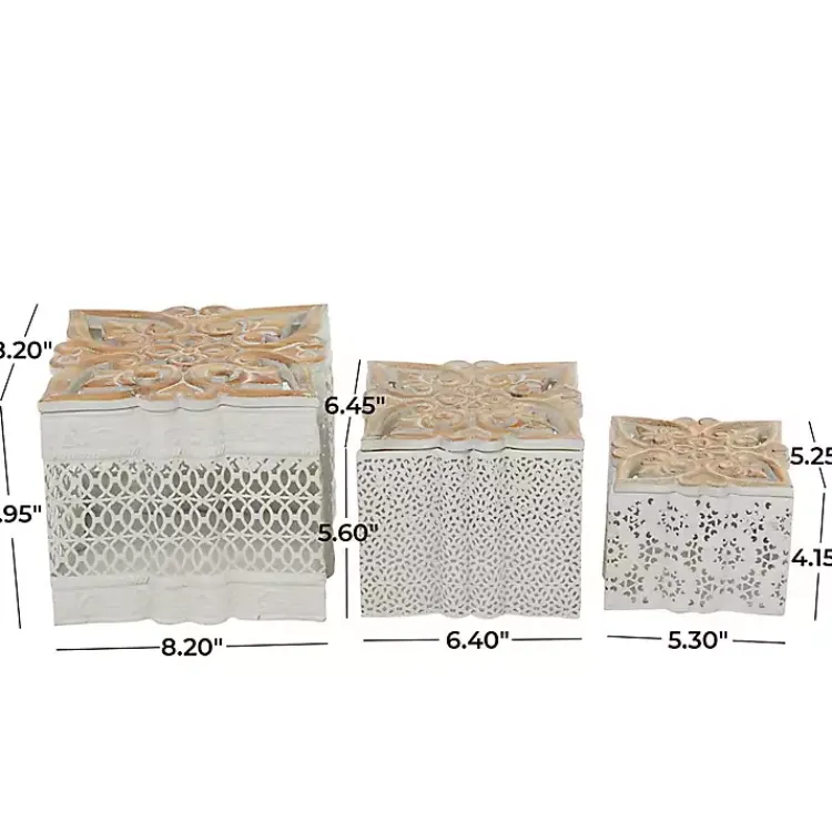 Baskets & Boxes>Kirklands Home White Metal and Carved Wood Boxes, Set of 3