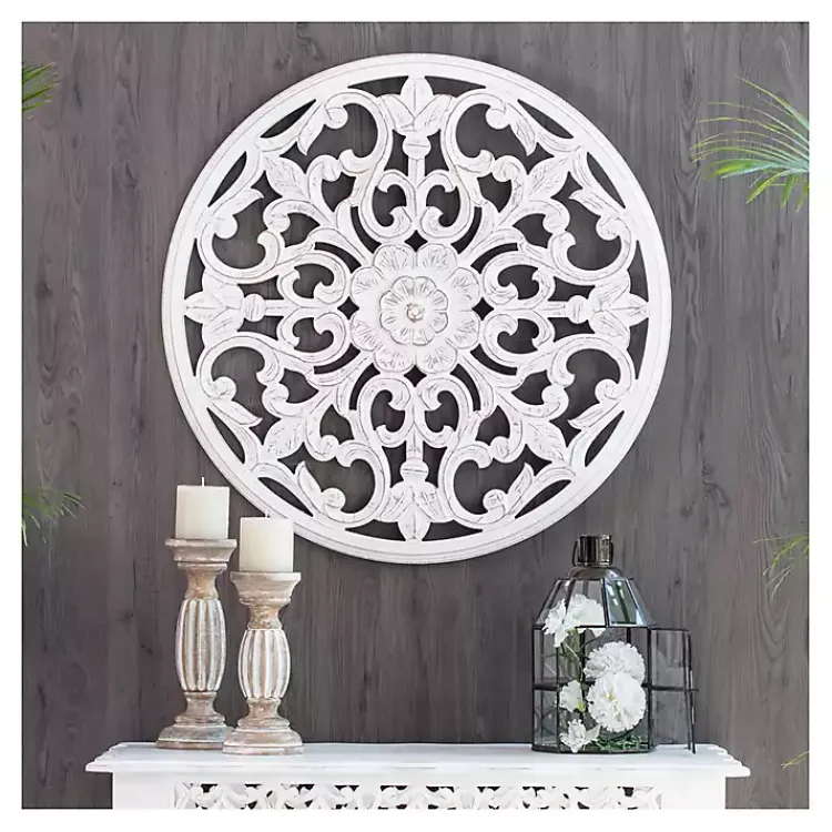 Kirklands Home Round Medallion Wood Plaque White