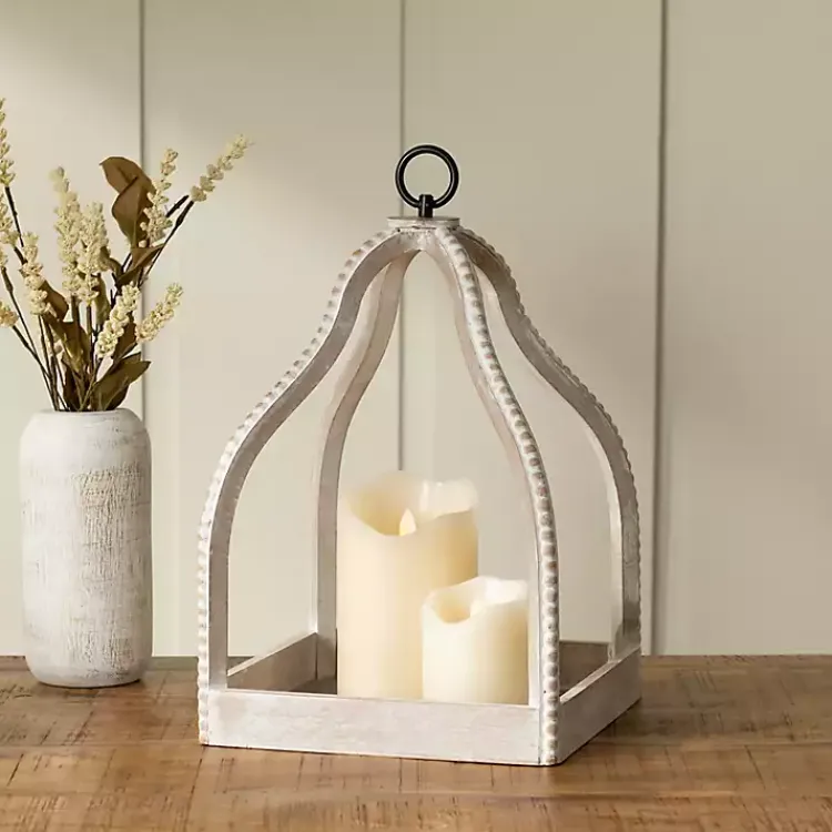 Lanterns>Kirklands Home Washed Beaded Open Lantern, 16 in. White