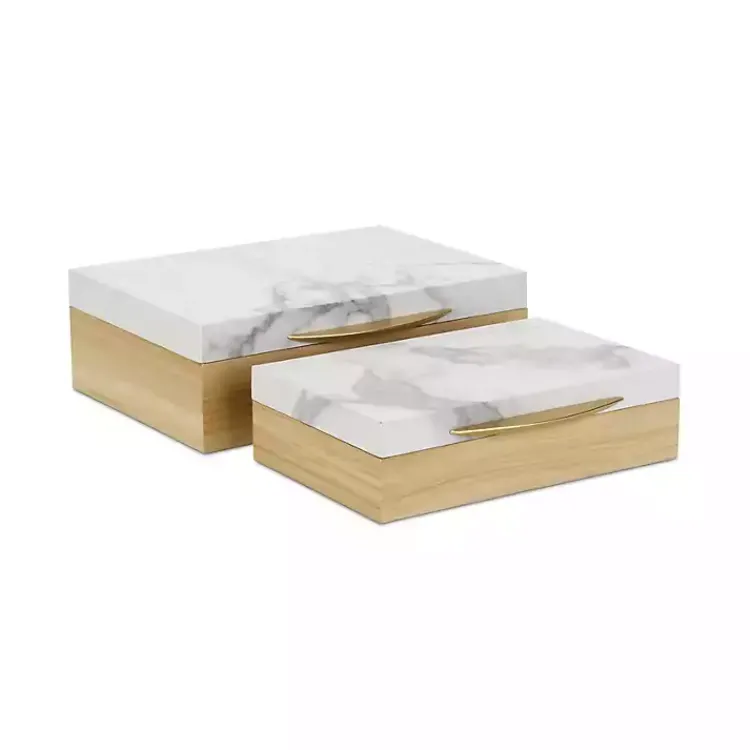 Baskets & Boxes>Kirklands Home Wood and Faux Marble Rectangular Boxes, Set of 2