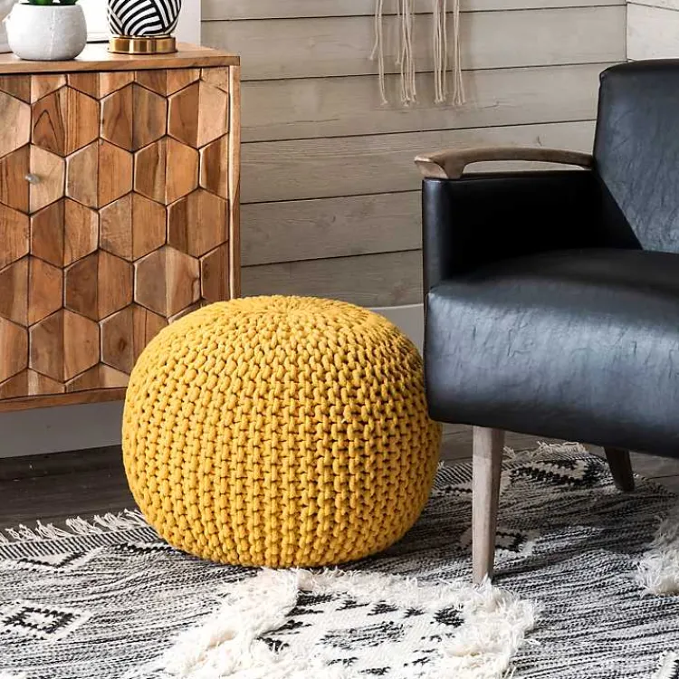 Poufs & Floor Cushions>Kirklands Home Chain Knitted Round Pouf Yellow